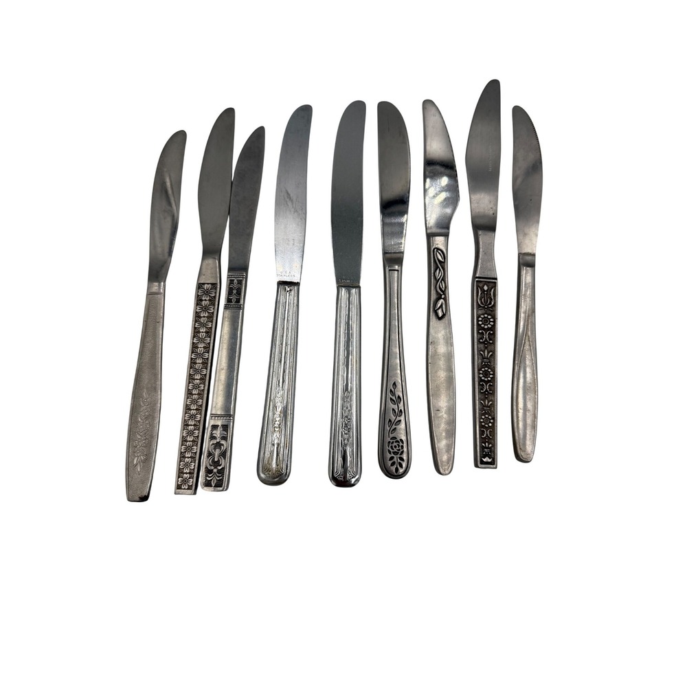 9pc VTG Mismatched Butter Knives Lot Stainless Steel Floral Oneida Mixed Boho